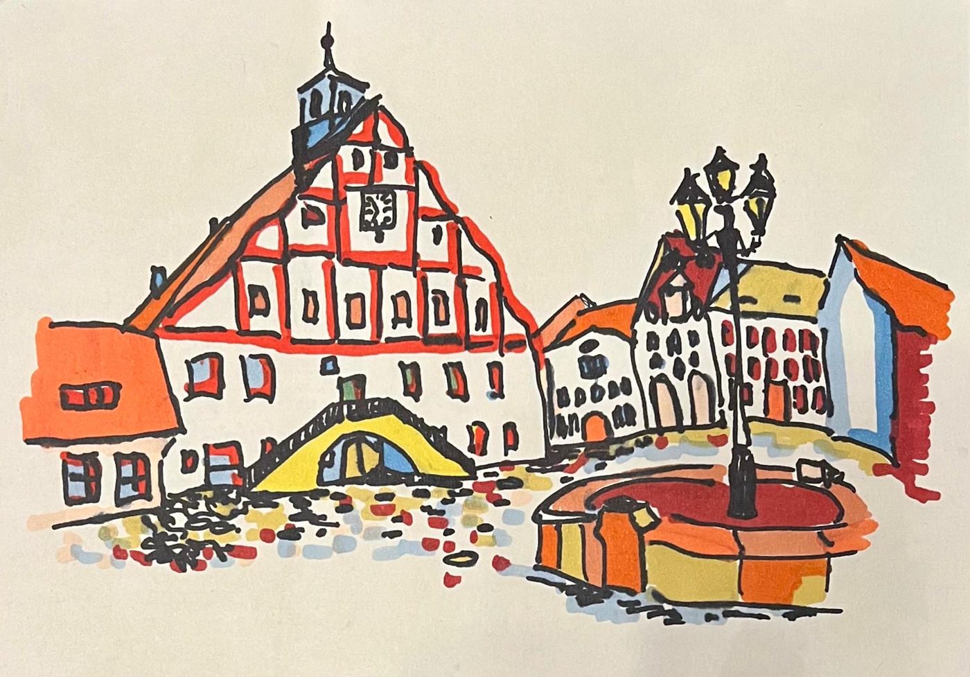 Rathaus Grimma mit Markt, gemalt